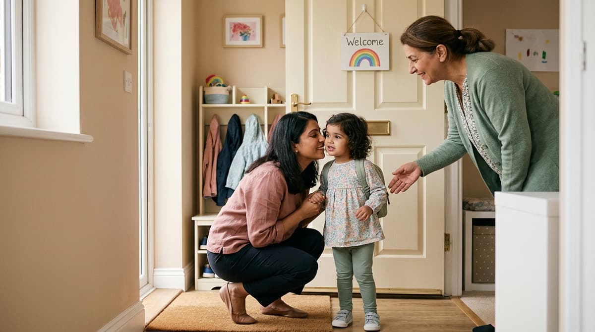 Mère confiant son enfant à son assistante maternelle devant la porte de la maison