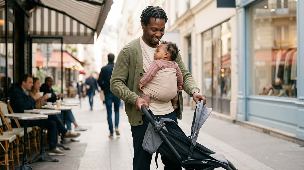 Papa pliant une poussette YOYO compacte sur un trottoir parisien animé