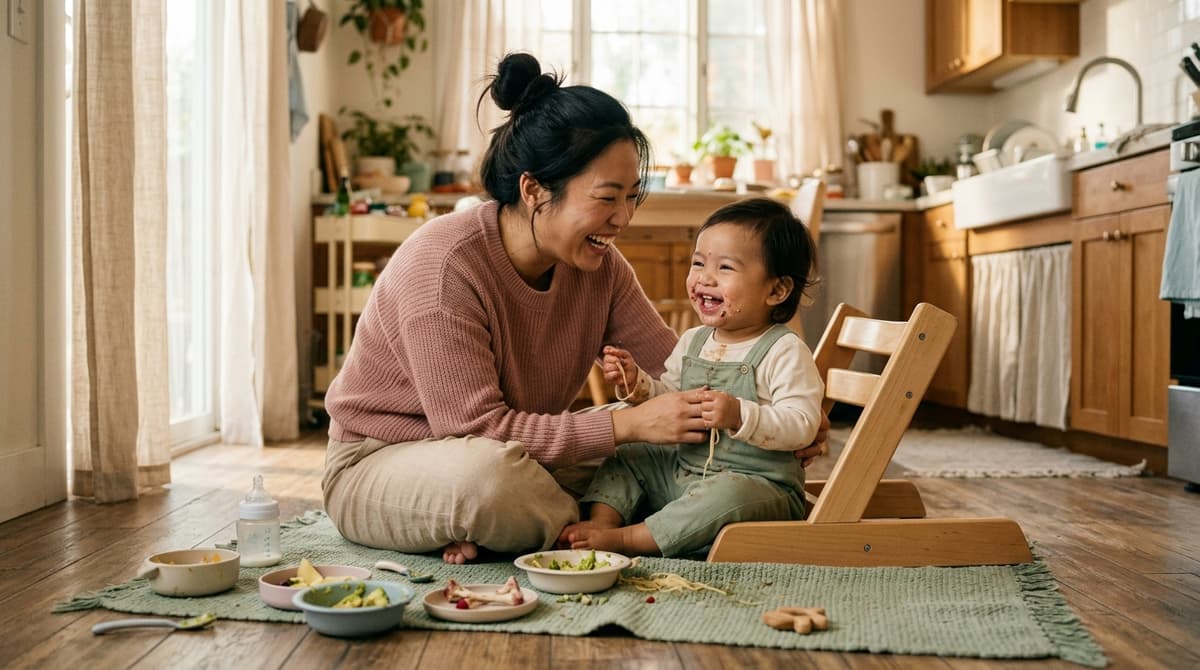 Mère et enfant en bas âge partageant un moment de rire authentique dans la cuisine, loin de la parentalité parfaite