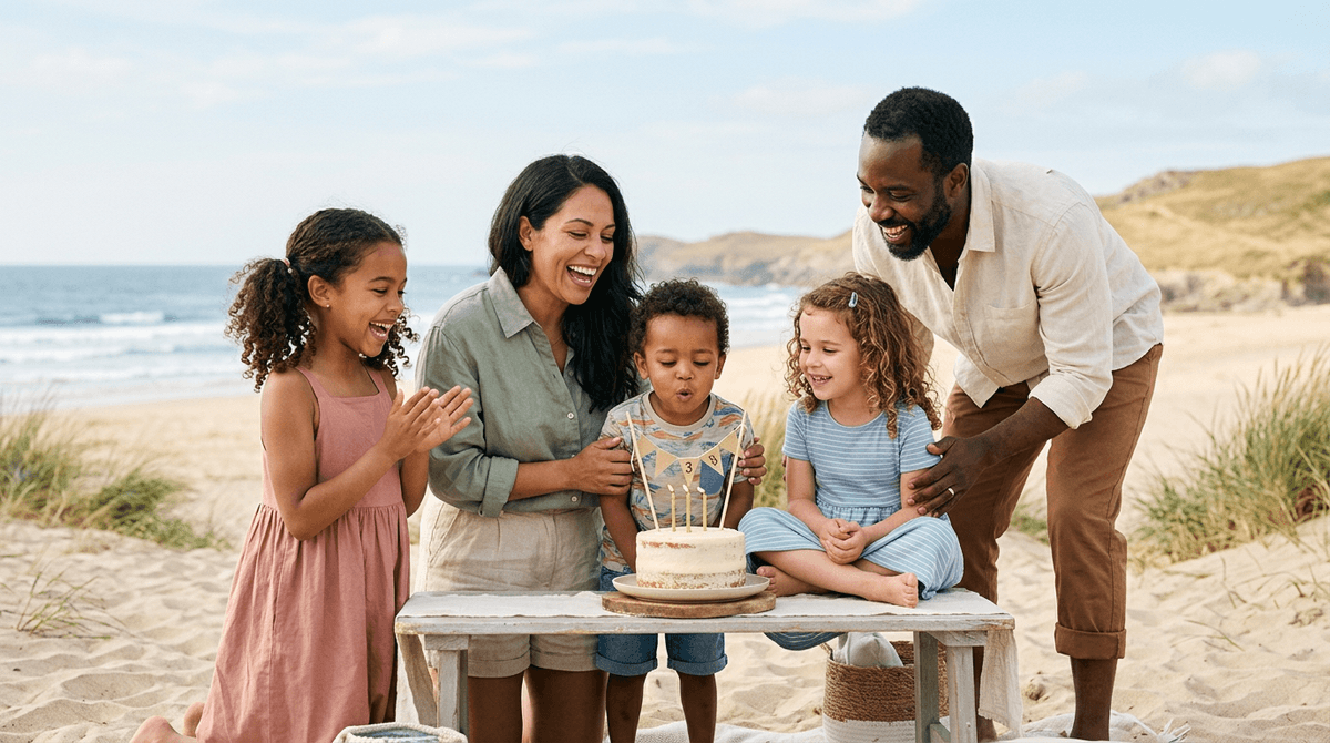 Portrait d'anniversaire d'un enfant souriant sur une plage ensoleillée entouré de sa famille