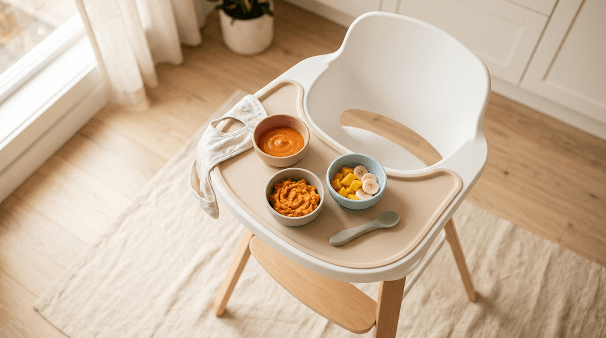 Table de bébé avec des bols de purées de légumes et fruits colorés, prêts pour la diversification alimentaire.