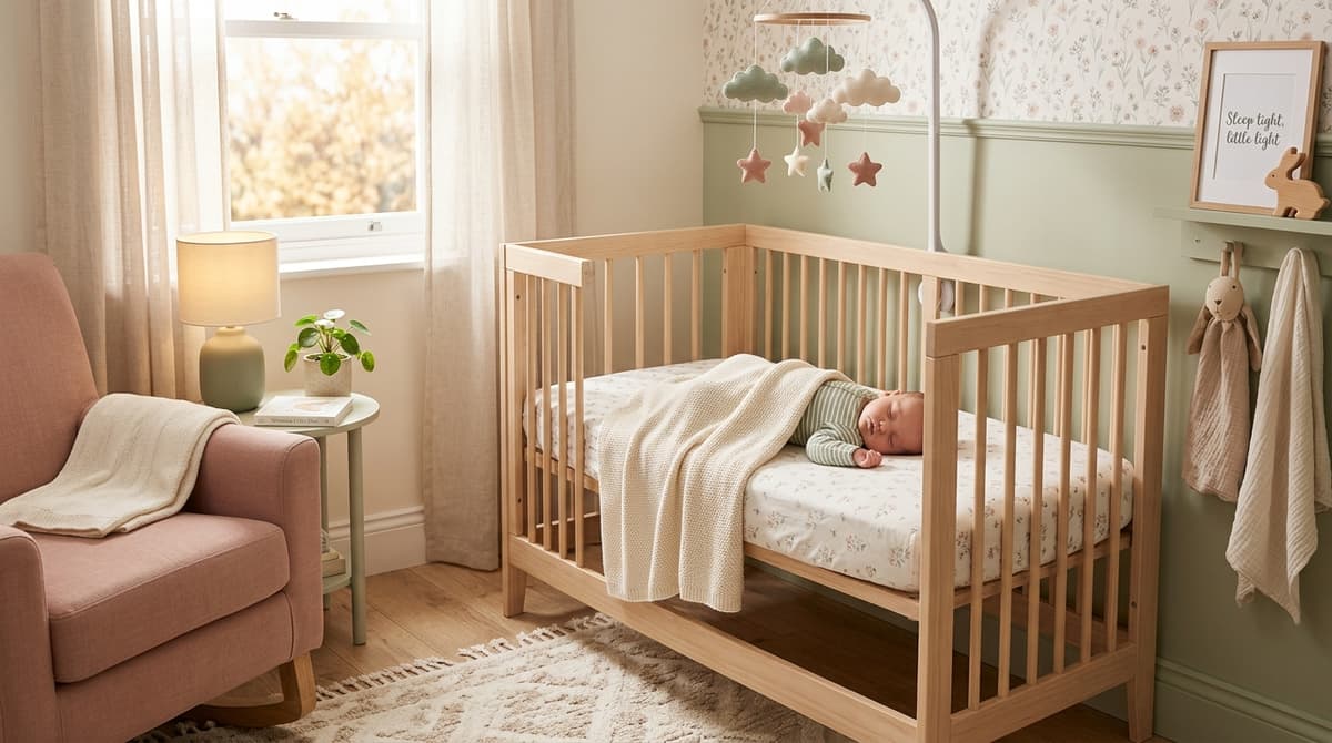 Bébé dormant paisiblement dans son berceau, dans une chambre aux couleurs pastel douces, symbolisant le sommeil retrouvé.
