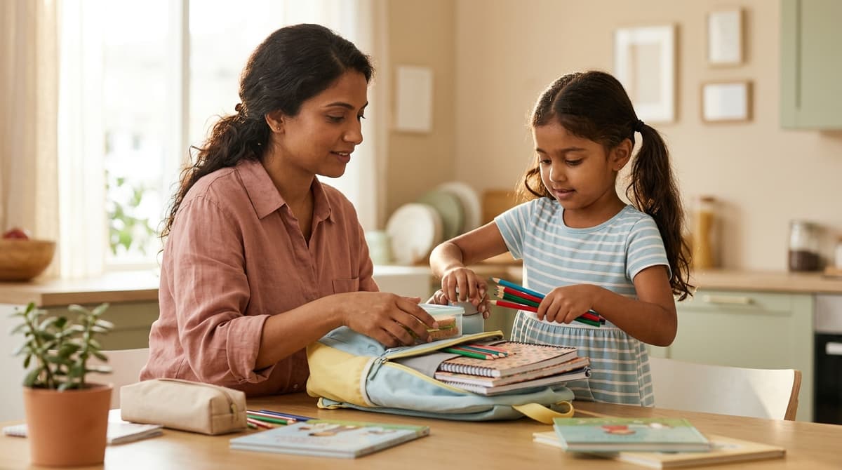Mère et fille qui préparent le cartable pour la rentrée scolaire 2026