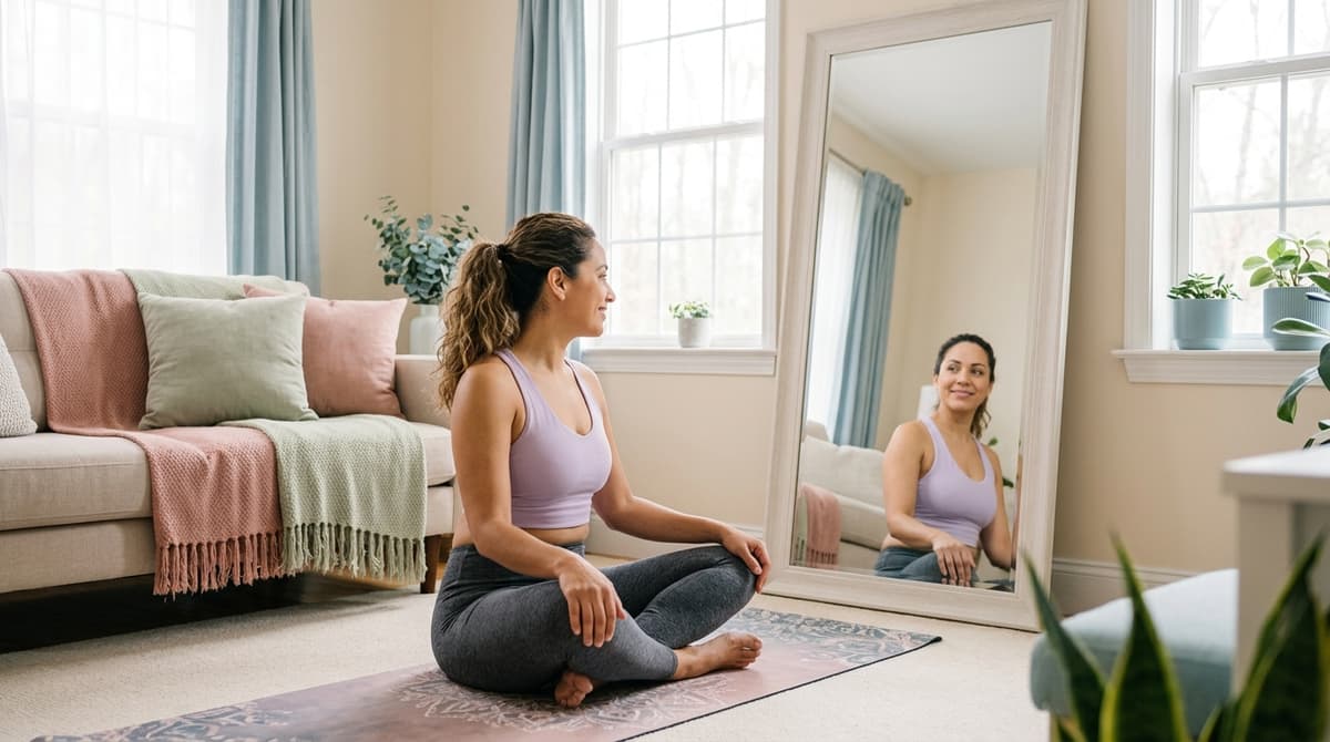 Femme de 40 ans en tenue de sport se regardant dans un miroir avec bienveillance, symbolisant l'estime de soi et la reprise du sport