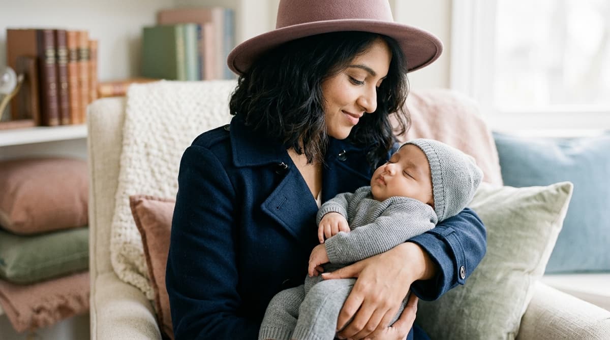 Mère élégante tenant son bébé de 7 mois dans les bras, style couverture de magazine mode, ambiance douce et lumineuse
