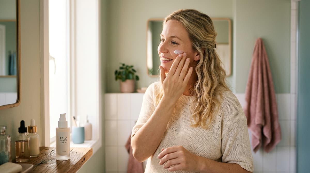 Femme enceinte appliquant un fluide solaire SPF50 léger sur le visage le matin