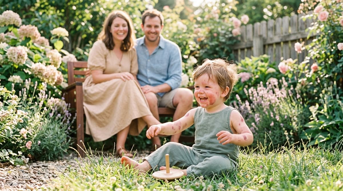 Enfant avec taches de naissance visibles jouant joyeusement dans un jardin ensoleillé, entouré de ses parents bienveillants