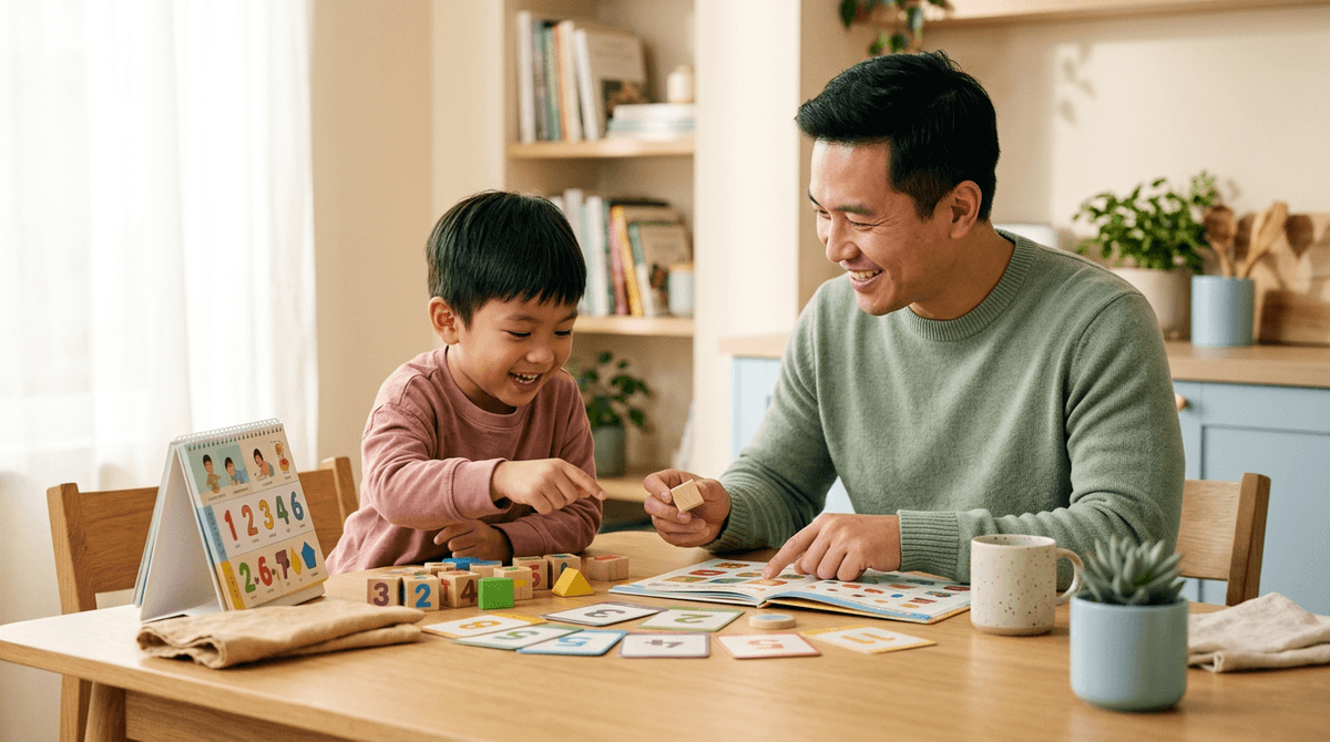 Père et fils travaillant ensemble sur des activités éducatives, illustrant l'accompagnement précoce du TDAH chez l'enfant