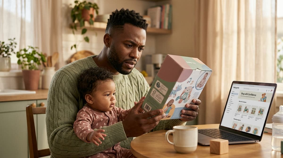 Mère vérifiant les certifications de sécurité d'un jouet bébé acheté en ligne