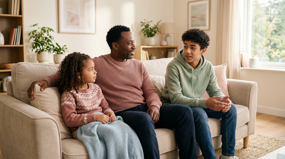 Un père discute avec ses enfants de respect et d'égalité dans un cadre familial bienveillant