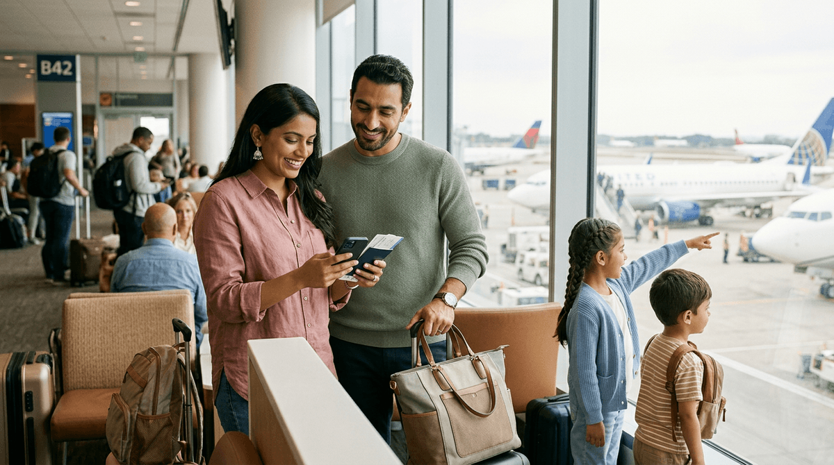 Famille avec enfants à l'aéroport préparant un voyage pas cher grâce aux bons plans en ligne
