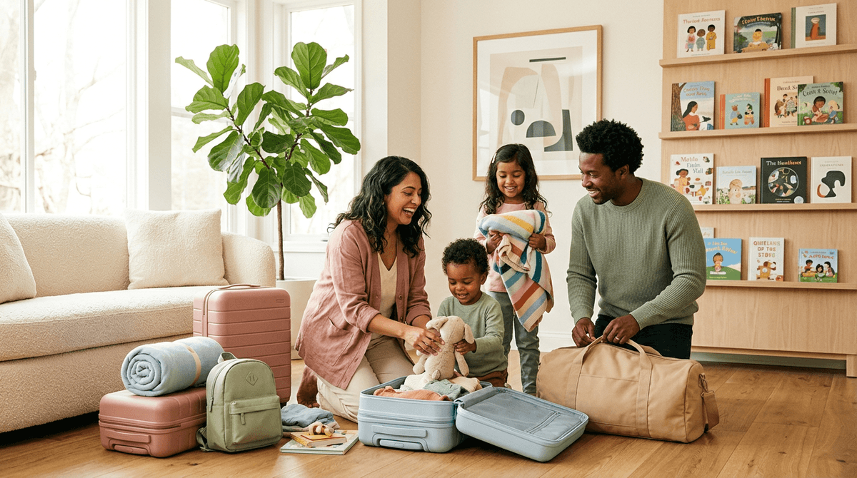 Famille métissée joyeuse en train de préparer ses valises pour les vacances