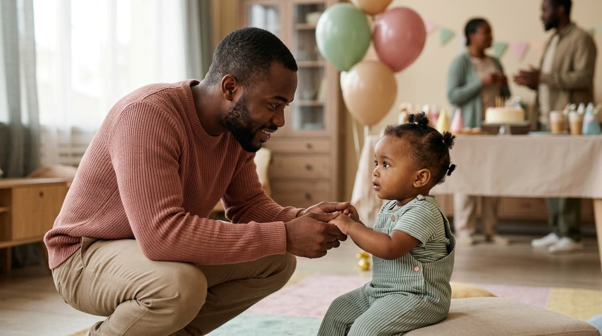 Maman réconfortant sa petite fille anxieuse lors d'une fête d'anniversaire en la regardant dans les yeux avec bienveillance