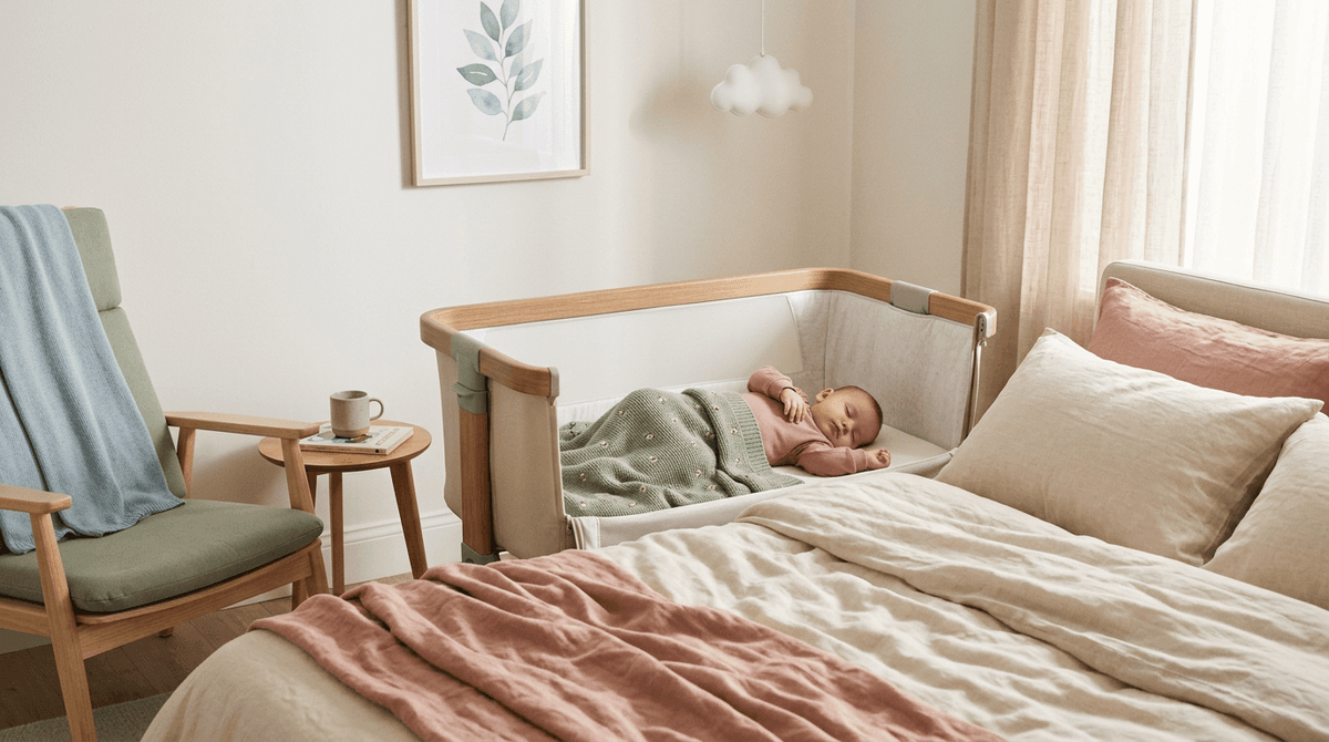 Un bébé dort paisiblement dans un berceau cododo attaché au lit parental, dans une chambre aux tons pastel.