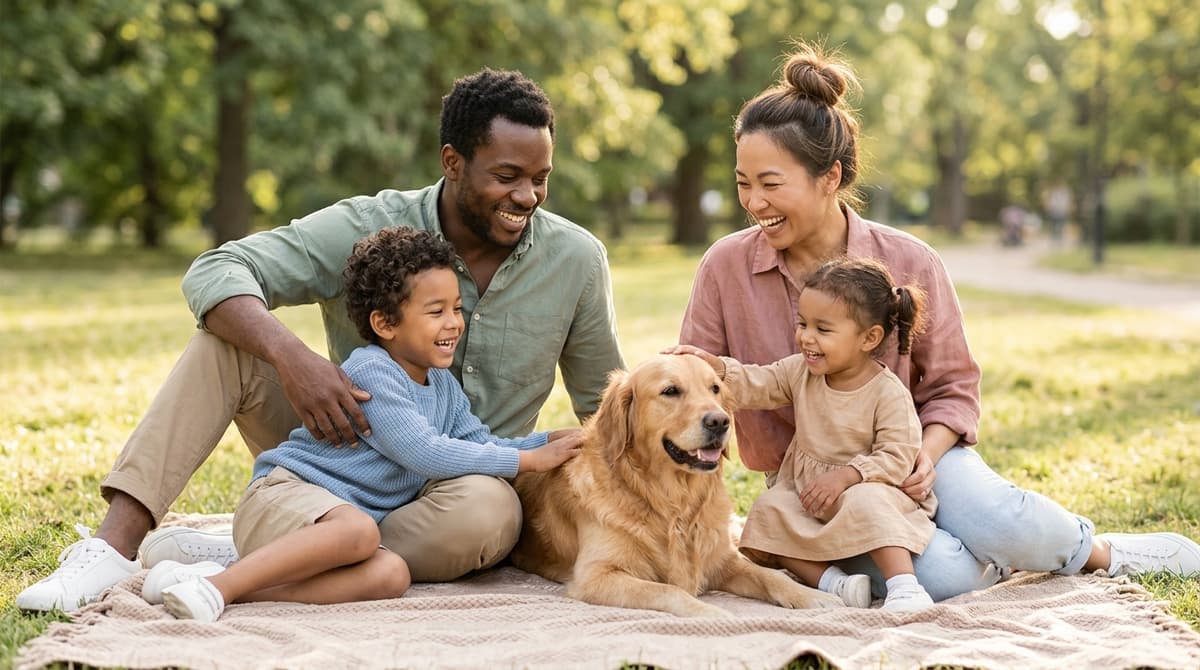 Famille avec enfants et chien dans un parc ensoleillé, moment de complicité et de bonheur partagé