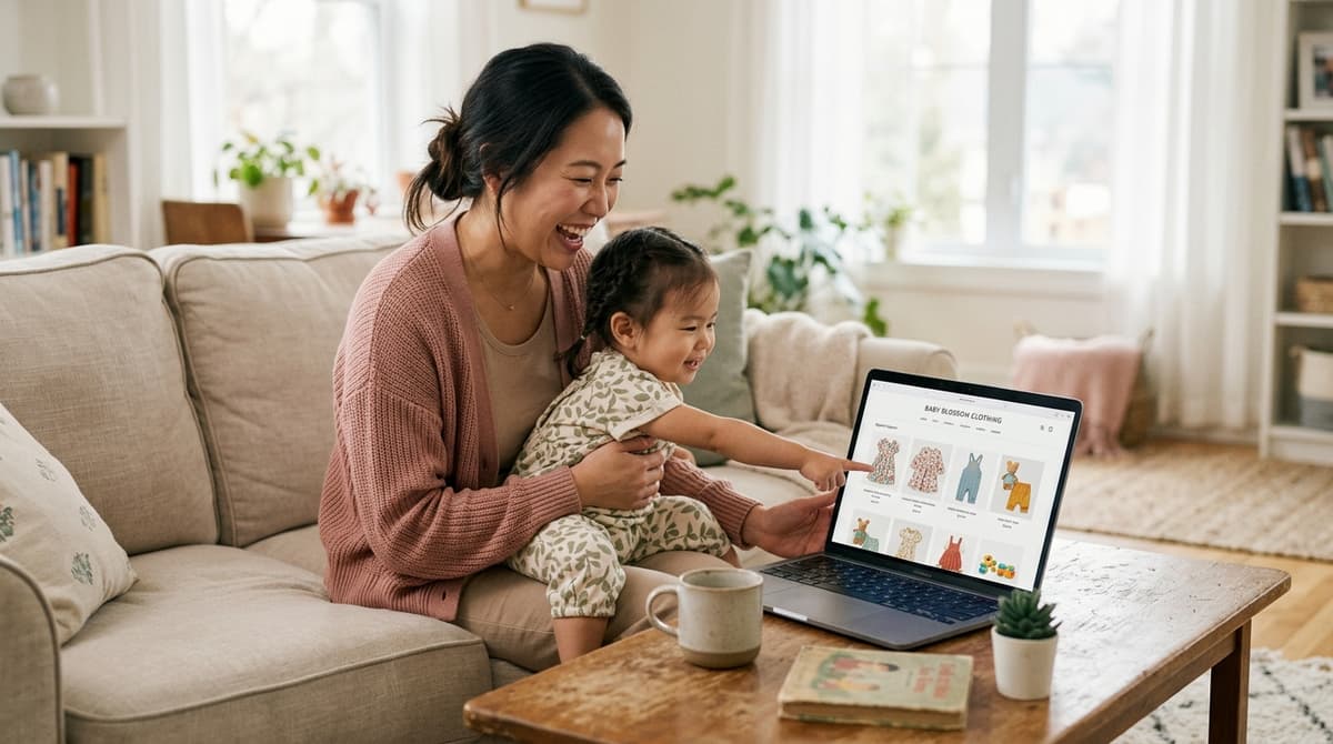 Maman et sa petite fille qui font du shopping en ligne pour des vêtements enfant Petit Bateau