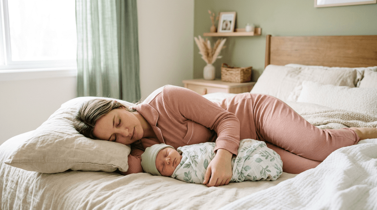Mère et bébé dormant en sécurité côte à côte dans un lit, dans une ambiance douce et pastel.