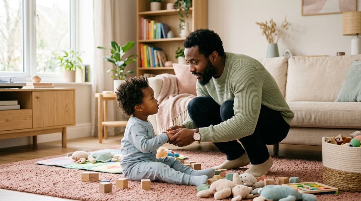 Mère à hauteur de son enfant en bas âge lui donnant une consigne claire dans un salon lumineux