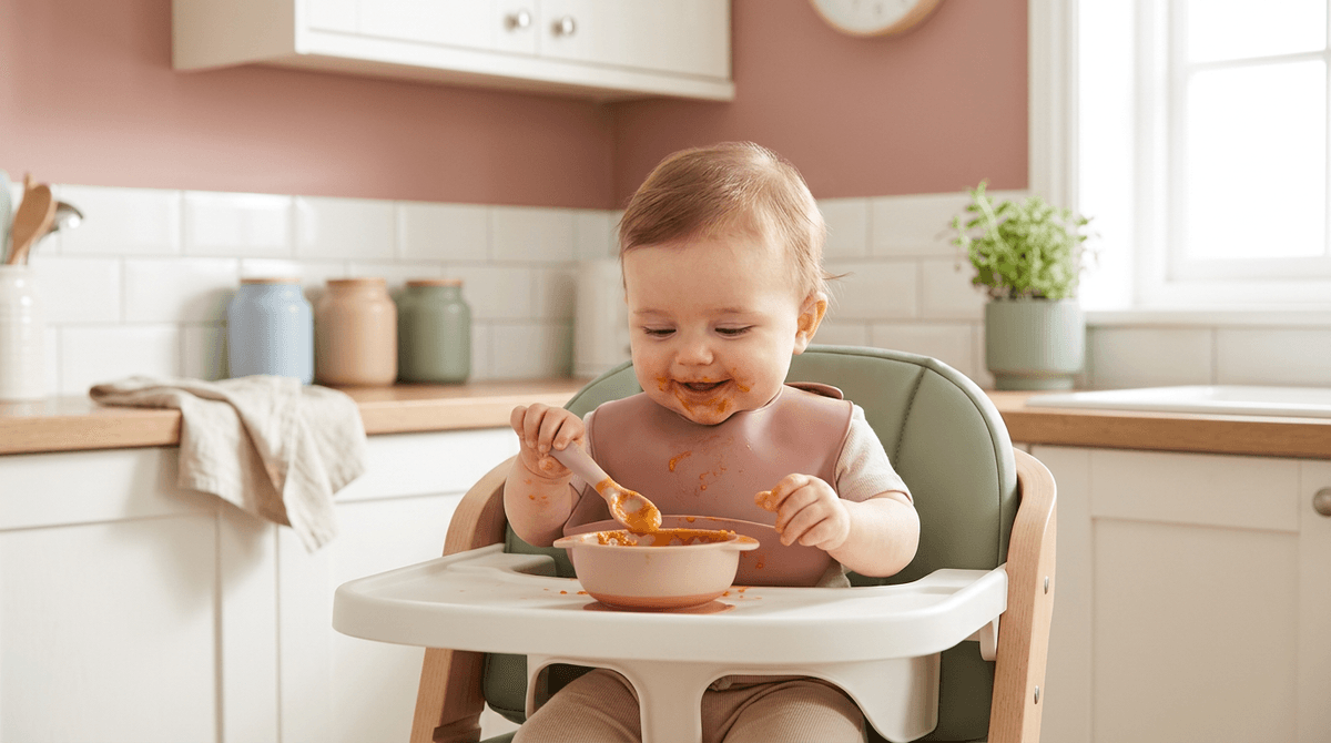 Bébé découvrant sa première purée de patate douce lors de la diversification alimentaire.