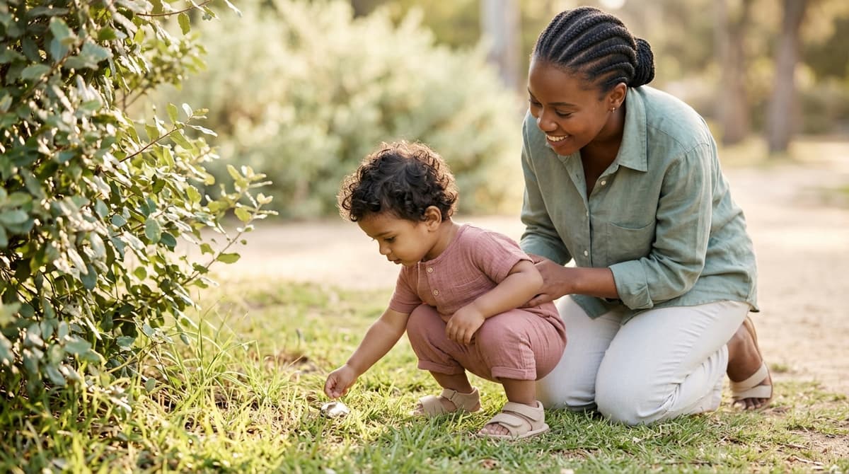 Un enfant curieux découvre quelque chose dans les buissons d'un parc lors d'une sortie de crèche