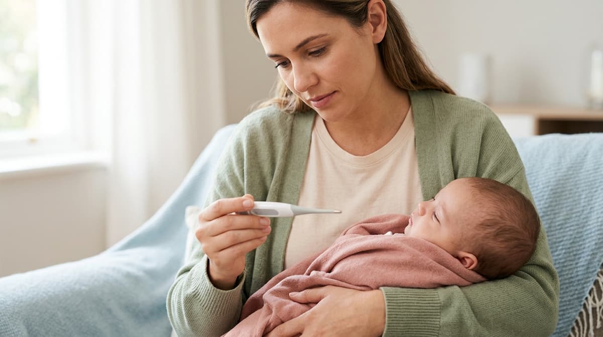 Mère vérifiant la température de son bébé avec un thermomètre, dans une ambiance douce et rassurante.