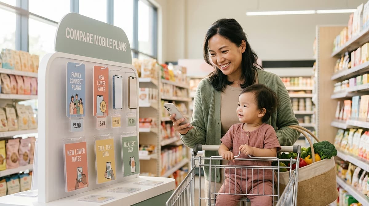 Mère de famille en supermarché regardant les offres de forfaits mobiles low cost