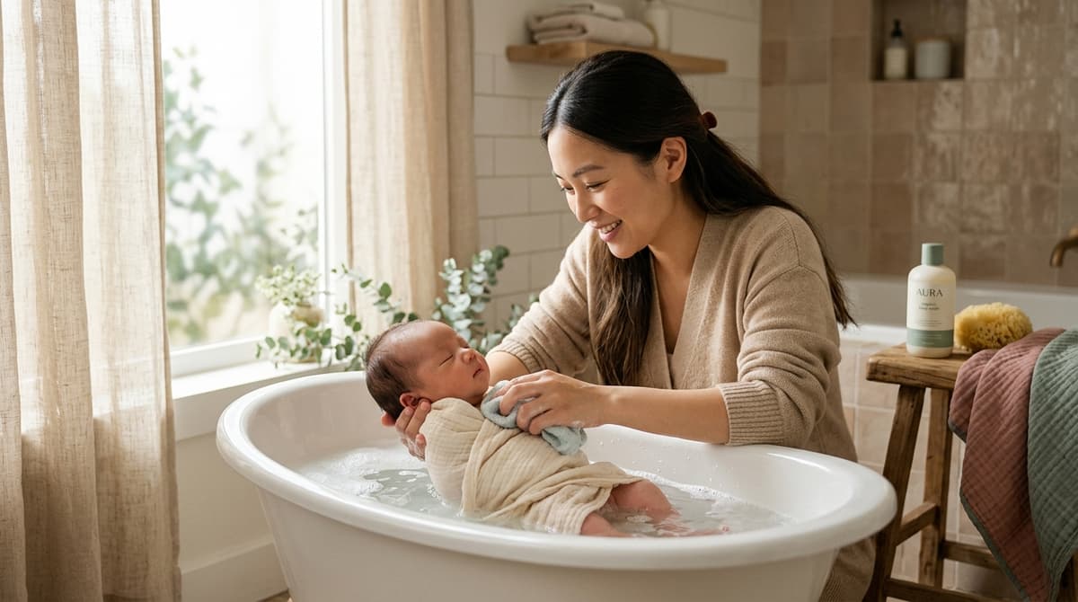 Maman donnant le bain à son nouveau-né avec un gel lavant bébé naturel certifié bio