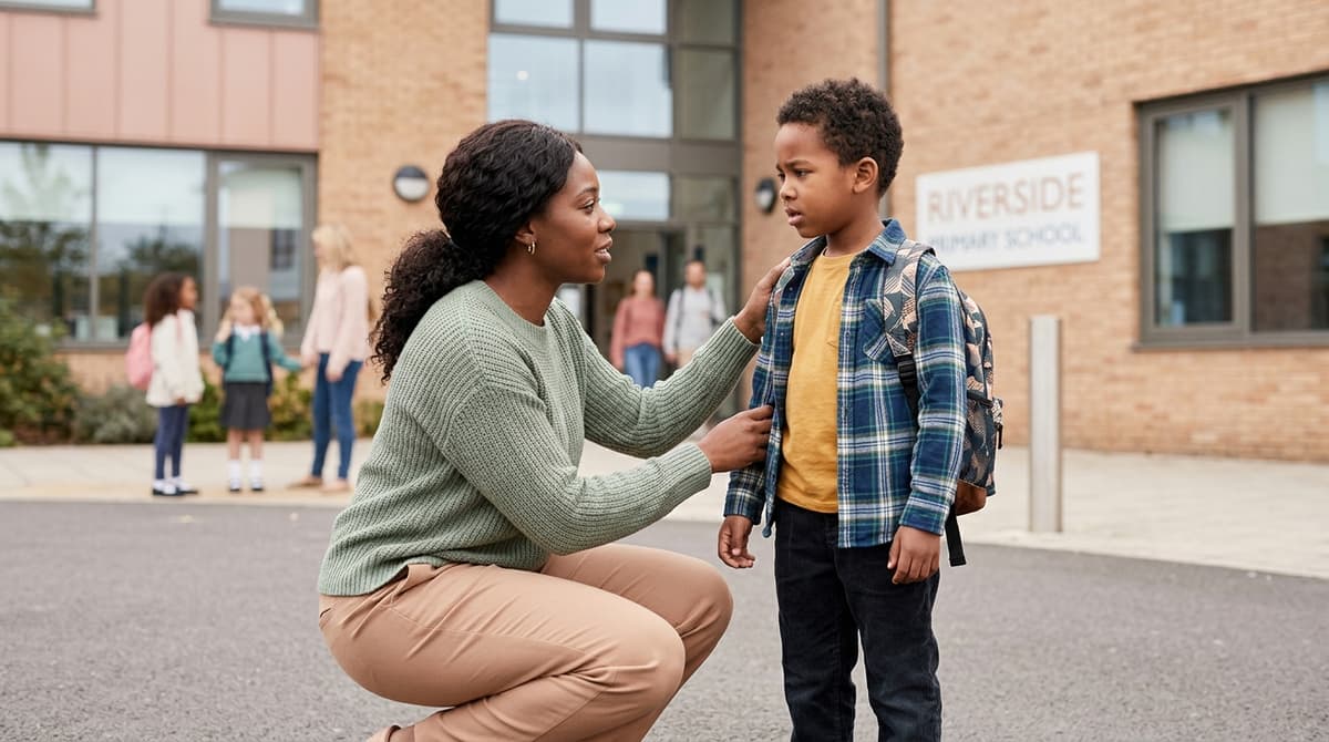 Mère parlant à son enfant devant l'école pour lui expliquer les dangers des substances inconnues