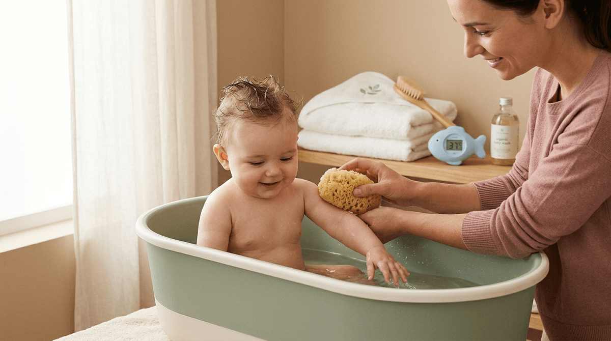 Un bébé profitant d'un bain paisible avec du matériel de bain essentiel et doux dans une palette de couleurs pastel.
