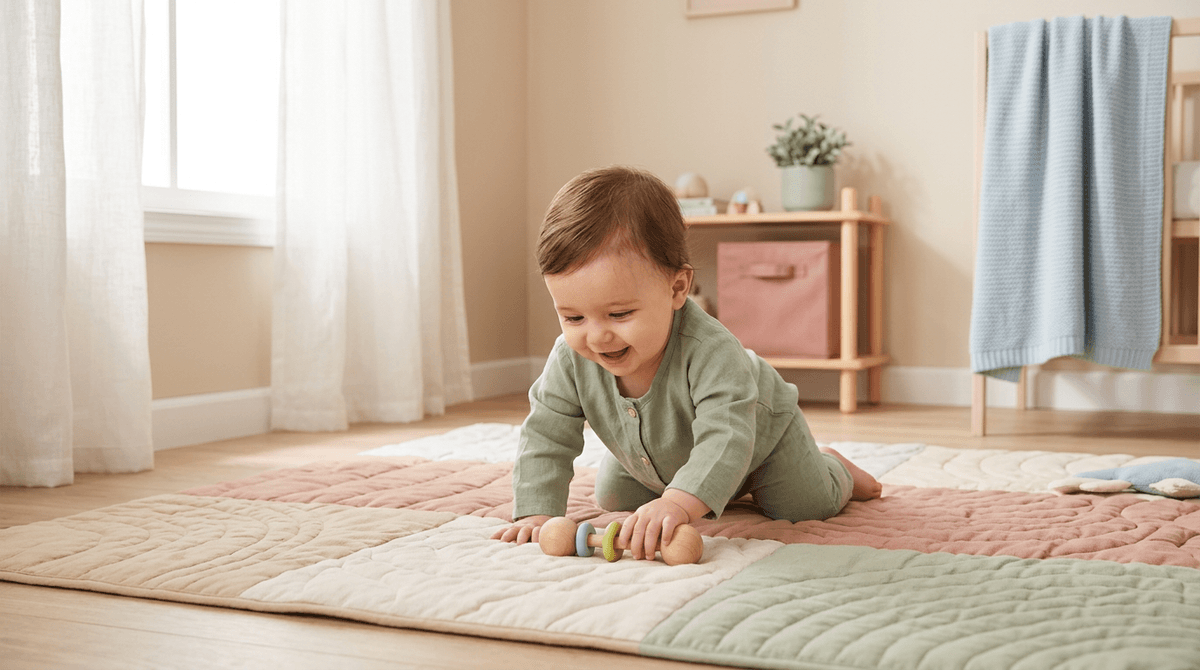 Bébé explorant joyeusement son environnement en toute autonomie sur un tapis de jeu doux, dans une chambre lumineuse aux tons pastel.