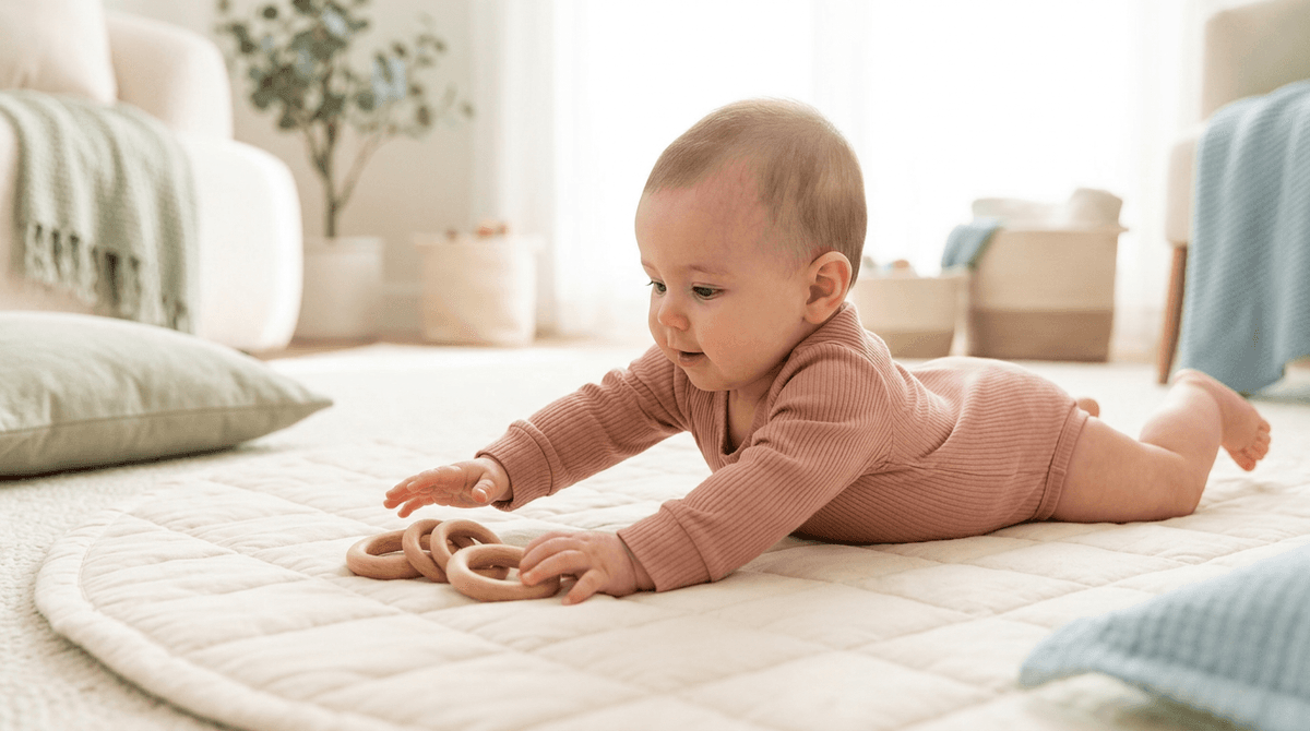 Bébé explorant son environnement en toute liberté sur un tapis de jeu doux, entouré de jouets en bois.