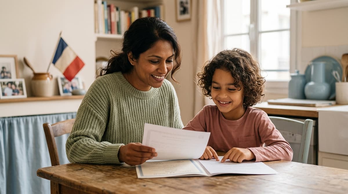 Mère et enfant de famille binationale regardant ensemble des documents officiels de naturalisation avec fierté