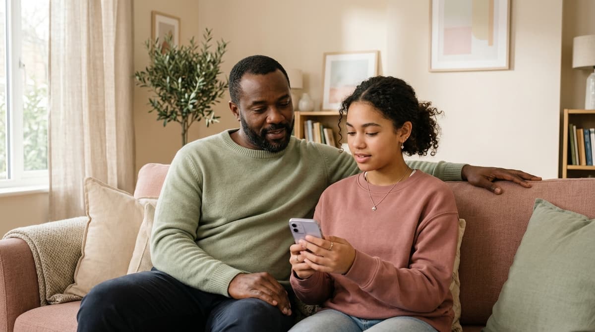 Père et fille adolescente discutant d'une actualité sensible ensemble dans un salon chaleureux
