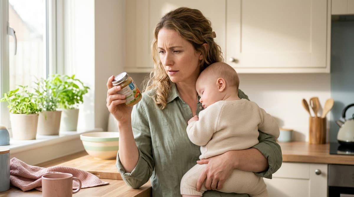 Mère inspectant attentivement un petit pot pour bébé avant de le donner à son nourrisson