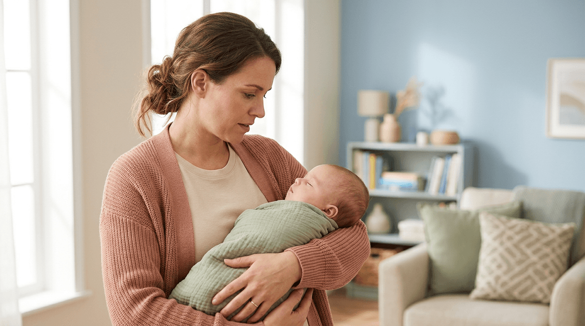 Un parent tenant son bébé avec une expression de préoccupation mais de préparation, dans une ambiance douce et rassurante.
