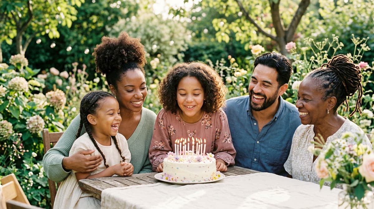 Famille métissée célébrant l'anniversaire d'une fillette de 11 ans dans un jardin ensoleillé