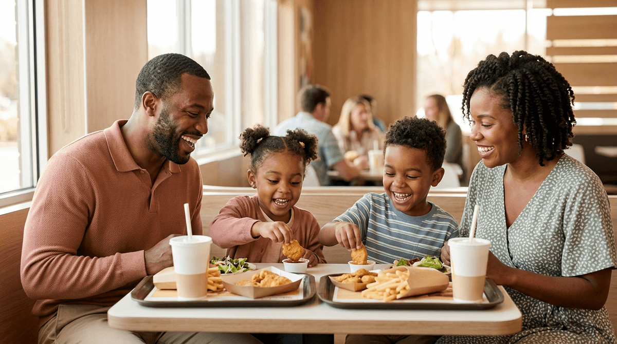 Famille latino joyeuse partageant un repas croustillant ensemble au restaurant fast food