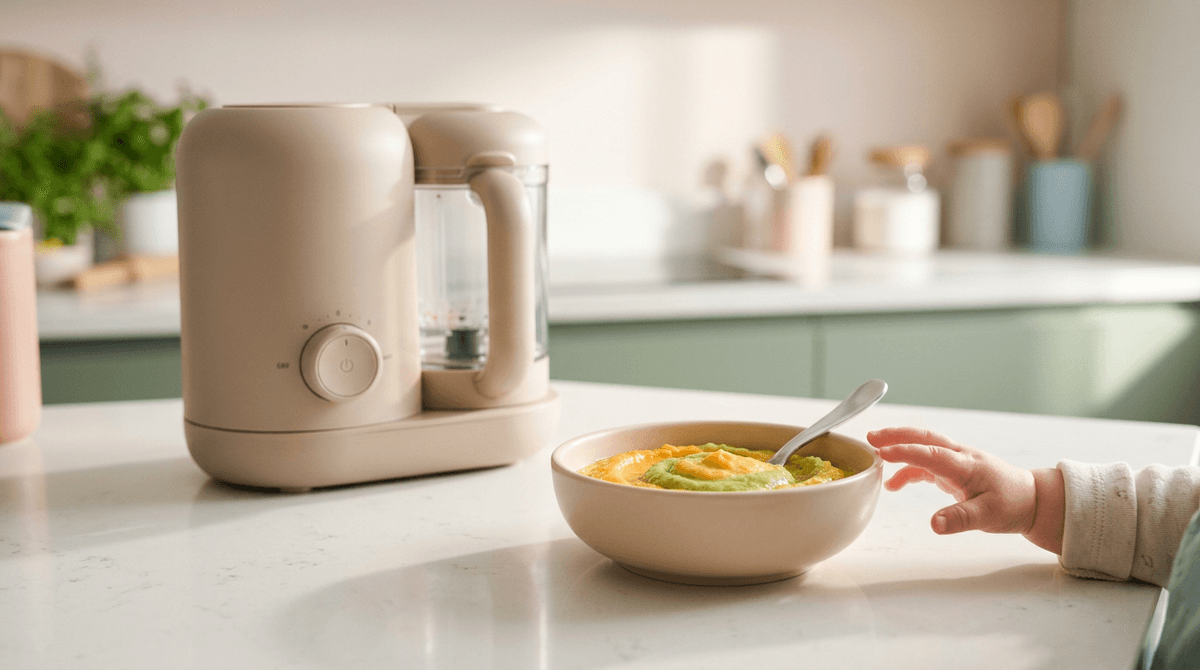 Robot cuiseur bébé sur un plan de travail de cuisine, prêt à préparer des repas sains pour bébé.