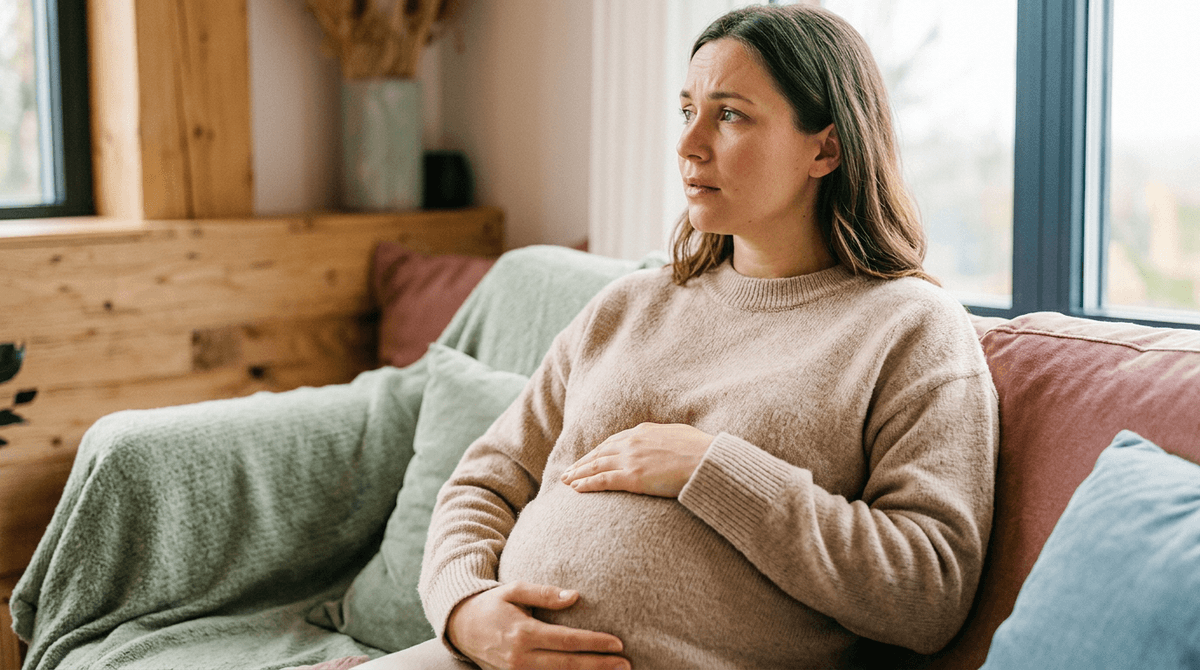 Femme enceinte attentive à son ventre, symbolisant la vigilance face aux signes d'alerte pendant la grossesse.