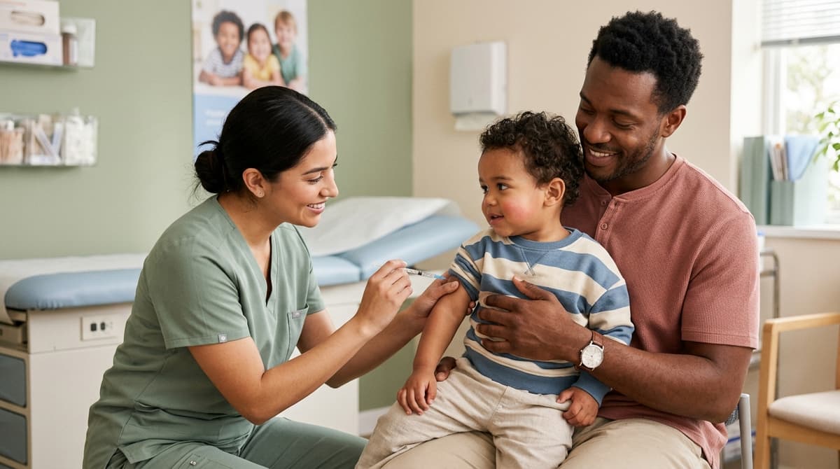Un père et son bébé lors d'une consultation de vaccination chez le pédiatre