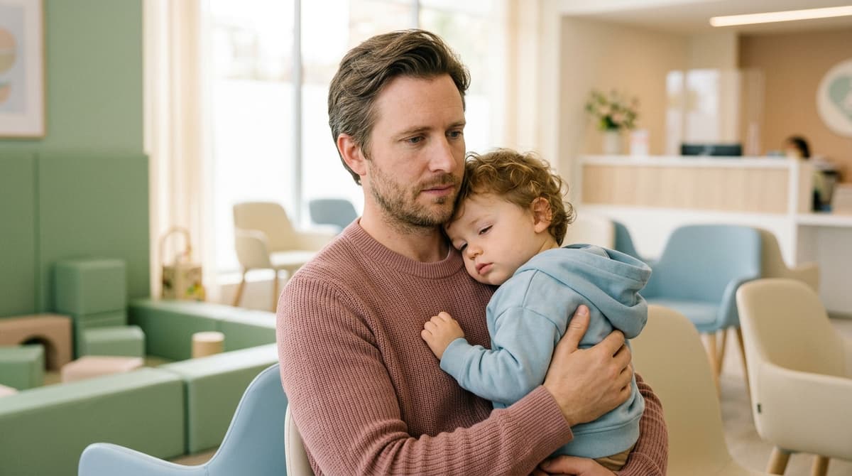 Papa tenant son enfant dans les bras dans une salle d'attente des urgences pédiatriques