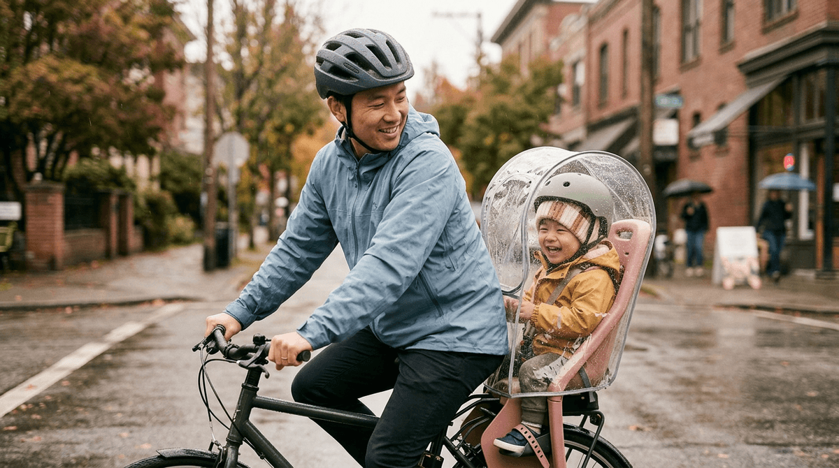 Papa et enfant à vélo sous la pluie avec une bulle de protection transparente sur le siège enfant