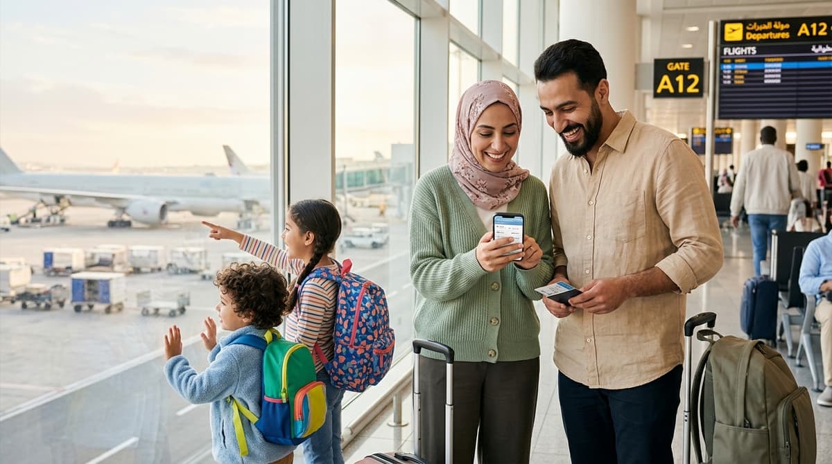 Famille latine avec deux enfants à l'aéroport, parents consultant une application de voyage sur smartphone, ambiance chaleureuse et départ en vacances