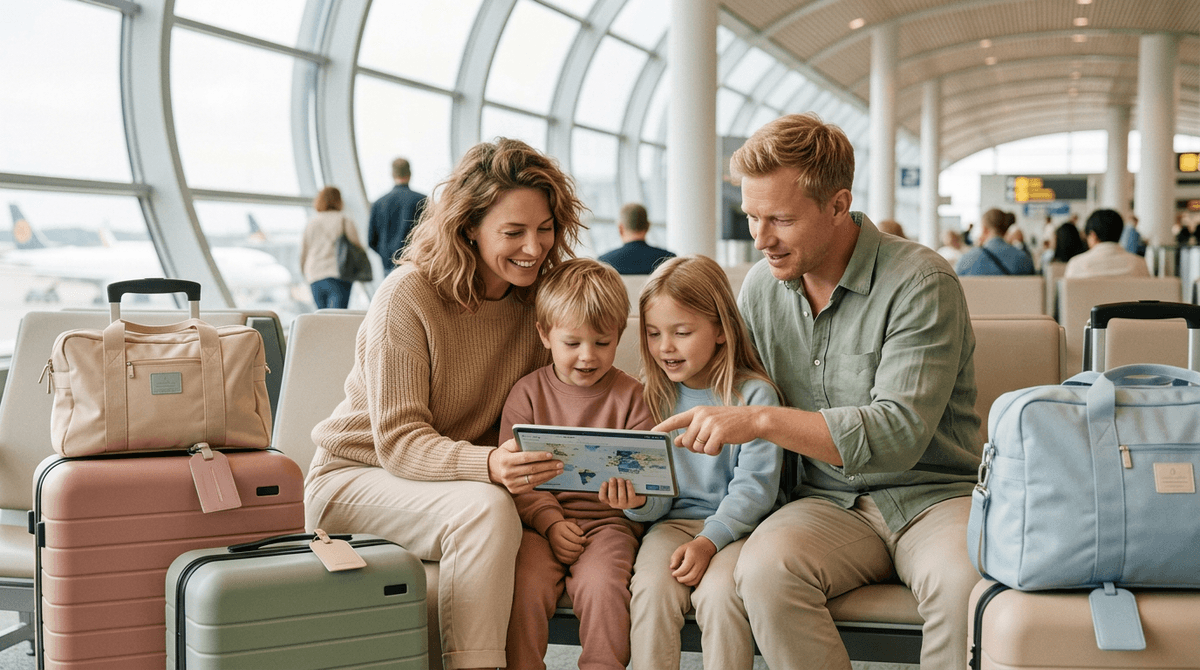 Famille latine avec deux enfants qui planifie un voyage à l'aéroport en regardant une tablette